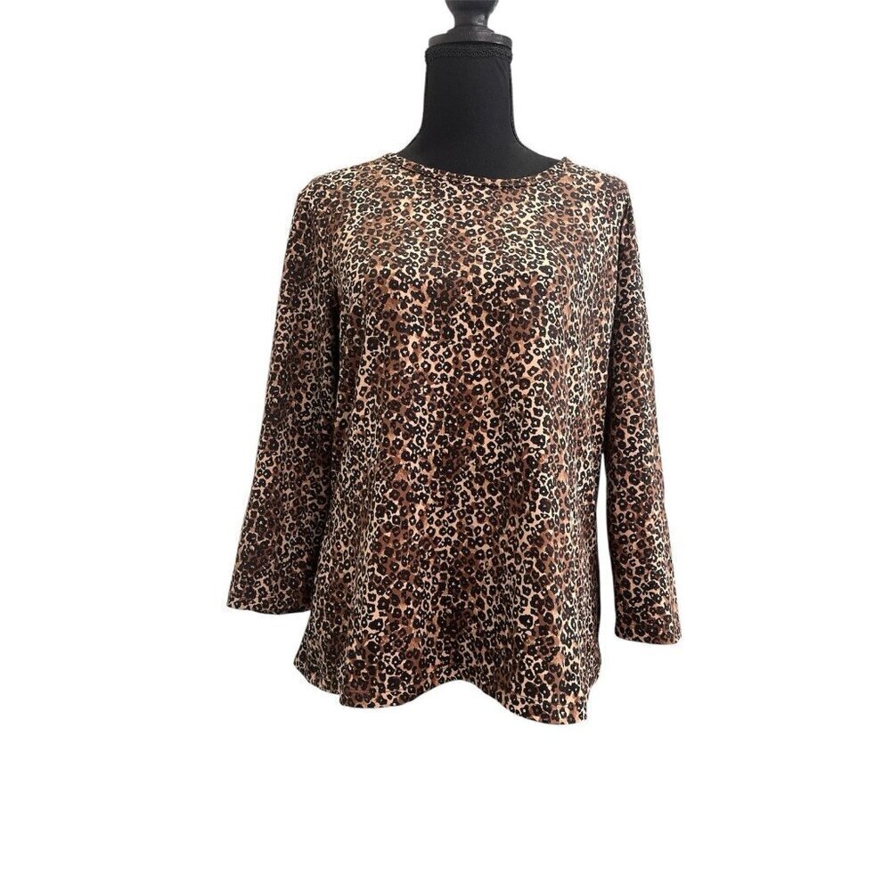 J McLaughlin Animal Print Top Womens Size XL Brown Leopard 3/4 Sleeve Catalina